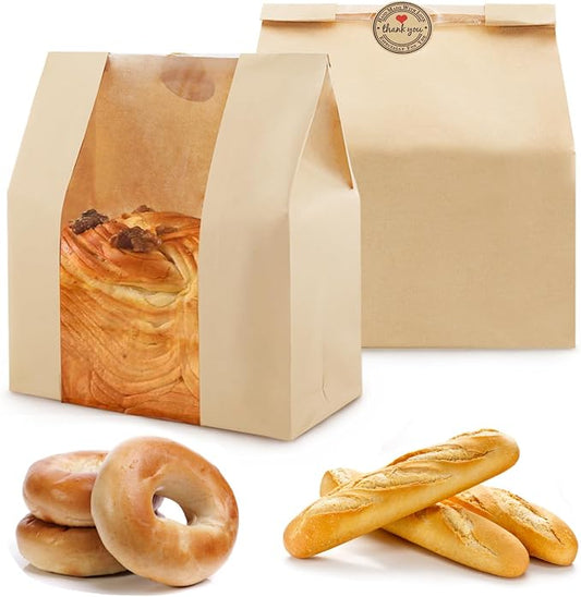 100 Pcs Paper Bread Bags for Homemade Bread, Paper Bakery Bag for Baked Food Packaging Storage, Large Kraft Paper Bread Loaf Bag with Window Label Seal Sticker included Pack of 60, 12.5x8.3x4 Inches
