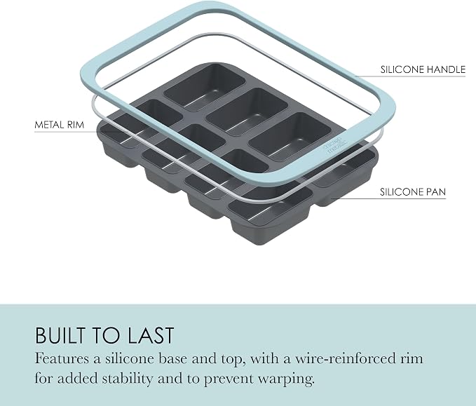 Chicago Metallic Silicone Mini Loaf Pan, 8 Cup Bread Pan for Baking, Flexible Nonstick Loaf Pans, Wire-Reinforced Rim, Oven Safe to 428F, 10x15 Inches, Blue