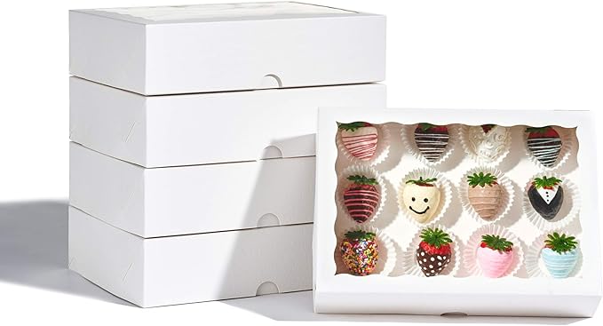 4PCS 10 x 7 x 2.5 inches Elegant Cookies Boxes, Strawberries Boxes with Display Window, White Paper Box