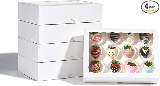 4 Pack 10x7x2.5Inches White Strawberry Boxes with Display Window, Bakery Dessert Containers for Cookies, Donuts, Macarons, Muffins & Hot Cocoa Bombs, Elegant Gift Packaging for Treatss