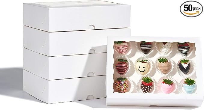 50PCS 10x7x2.5Inches White Strawberry Boxes with Display Window, Sweet Treat Boxes for Chocolate Covered Strawberries, Cookies, Donuts, Macarons, Muffins, Perfect for Any Celebration