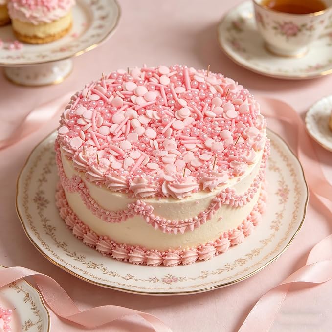 Sentovac Pink Sprinkles Edible Pink Round Confetti Jimmies Pearls for Cake Decorating Candy Cupcake Cookie Baking Donuts Ice Cream Dessert Decorations