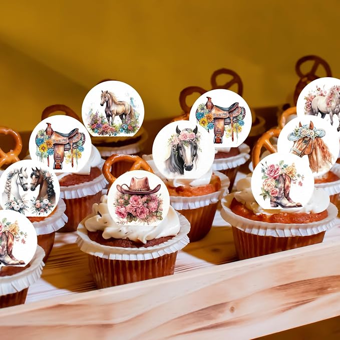36PCS Edible Floral Horse Cupcake Toppers Wafer Paper Western Cowgirl Cupcake Toppers Edible Derby Horse Cupcake Picks for Western Derby Horse Theme Party Decoration Supplies