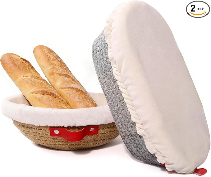2 Pack Bread Proofing Basket Set, Cotton Rope Banneton with Liners & Covers, Oval & Round in Grey & Coffee for Sourdough and Artisan Bread Baking