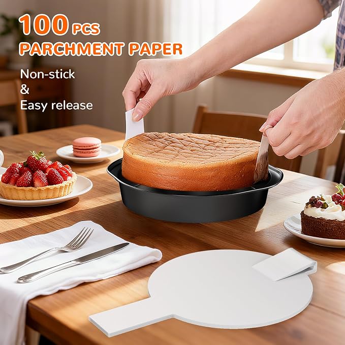 9 Inch Round Cake Pan with Handle, 3PCS Nonstick Cake Pans with 100 PCS Parchment Paper