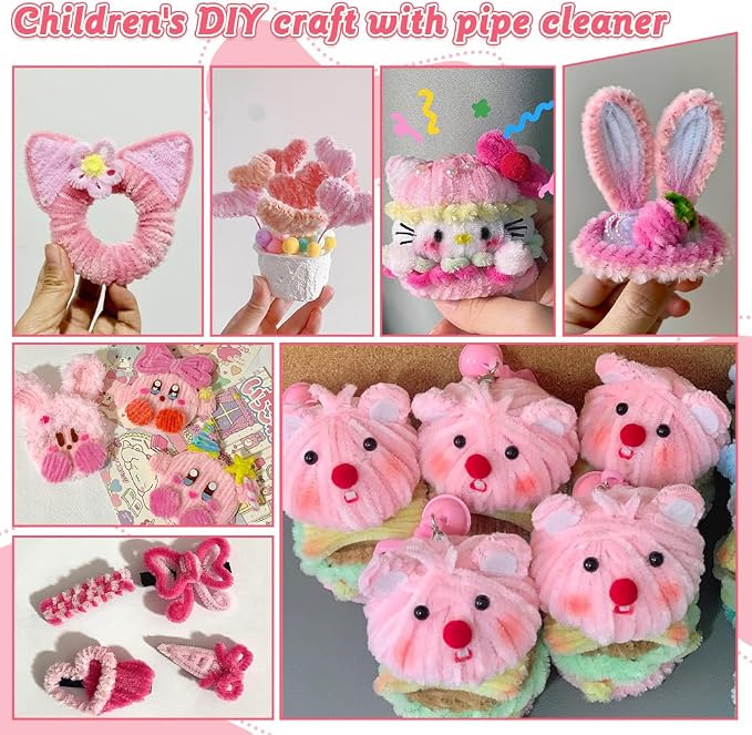 AHAMETON 620Pcs Pastel Pink Pipe Cleaner Flower Kit, 6 Colors Bulk Pipe Cleaners Craft Supplies with Wires, Stamens, Ribbon, Tapes, Card, DIY Flower Making for Gifts Home Decor, Party & School Crafts