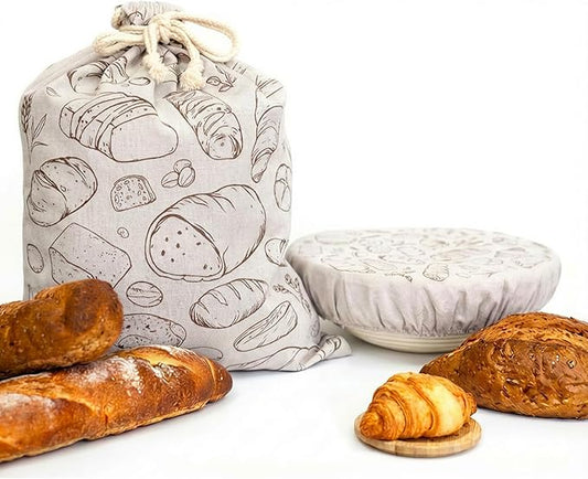 Large Reusable Linen Bread Bag and 10'' Bowl Cover with Plastic Liners for Bread Storage & Sourdough Proofing