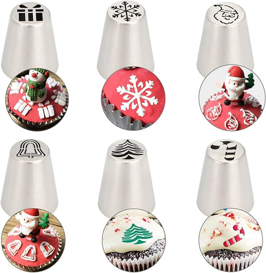 6PCS Christmas Russian Icing Tips Set, Stainless Steel Piping Nozzles for Cake, Cupcake Cookie Decorating – Includes 6 Creative Festive Frosting Tips with Christmas Designs