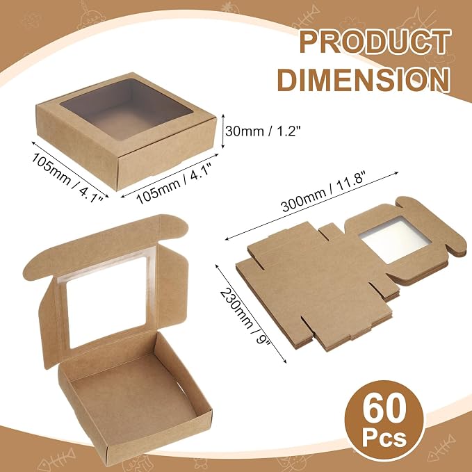uxcell 60Pcs Kraft Soap Boxes, 4.1 x 4.1 x 1.2Inch Mini Kraft Treat Box with Clear Window for Candy Cookie Gift Party Festival Favor Treats Packaging (Brown)