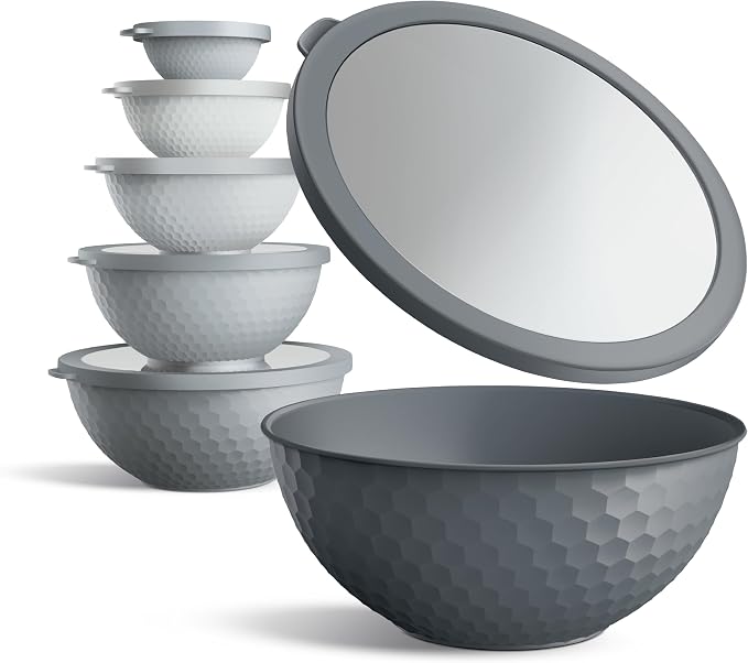 COOK WITH COLOR Mixing Bowls with Lids - 12 Piece Plastic Nesting Bowls Set includes 6 Prep Bowls and 6 Lids, Microwave Safe Mixing Bowl Set, Grey Embossed