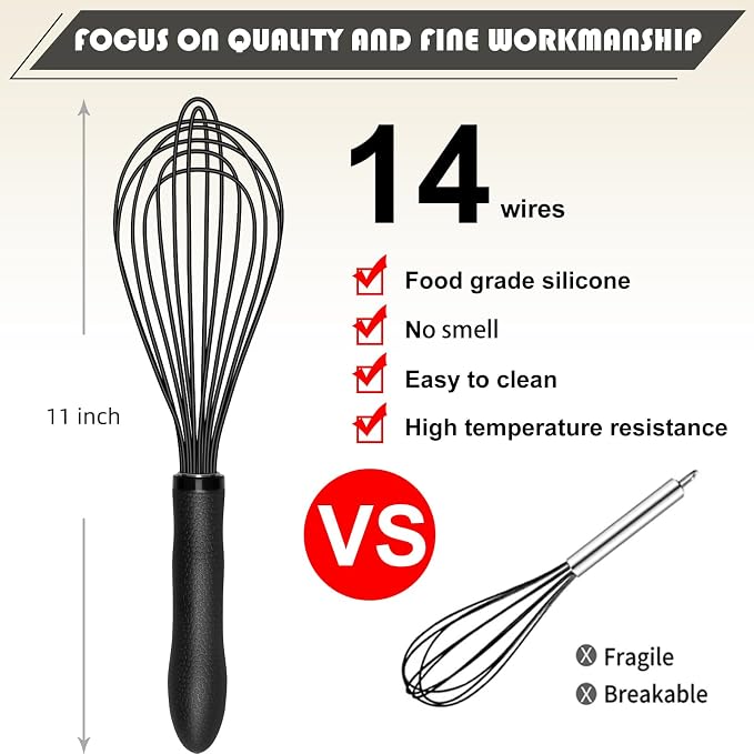 TEEVEA Silicone Whisk 11 Inch, Nonstick Heat Resistant for Cooking Baking | Black, food grade, dishwasher safe, stainless steel core, non-scratch, balloon shape, handheld, kitchen egg & batter mixing