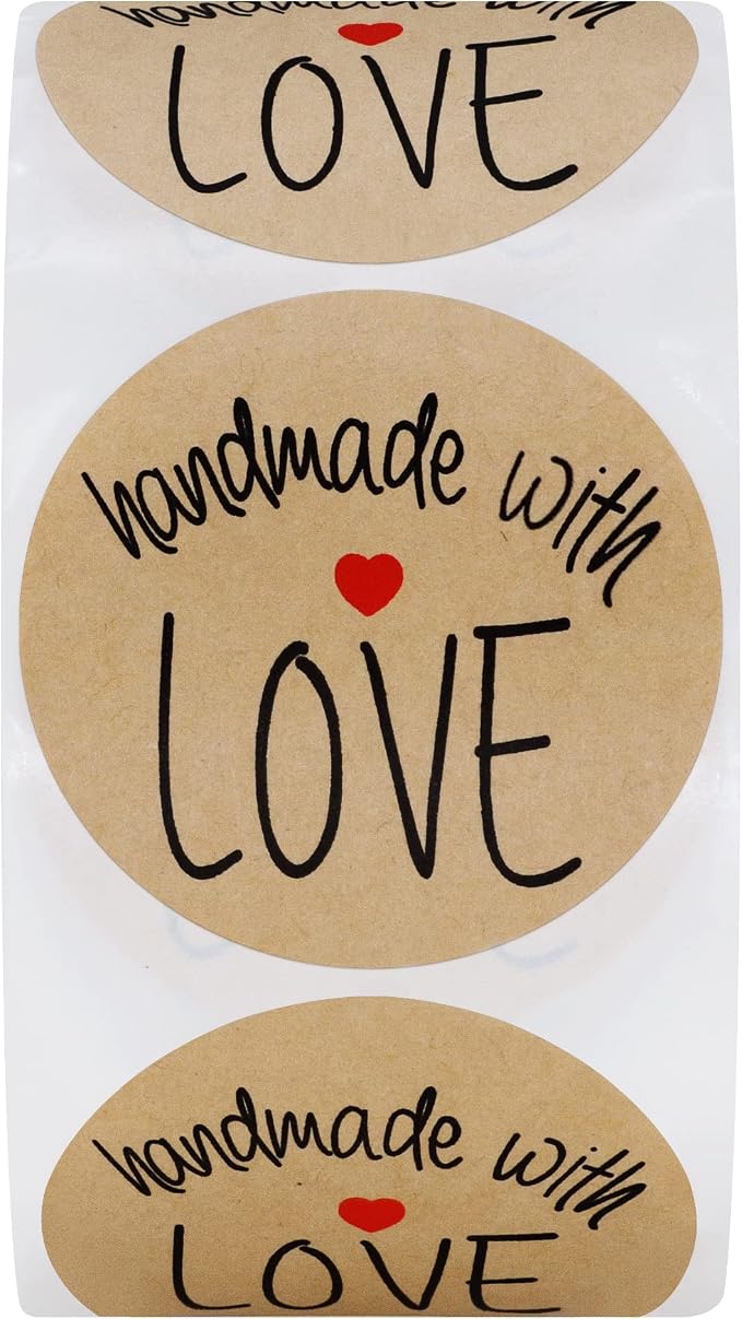 Hybsk 500pcs 1.5 Inch Kraft Handmade with Love Stickers with Red Heart for Small Business Baked Packaging (Type 1)