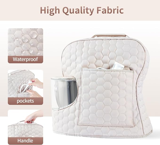 Stand Mixer Dust Cover Compatible with KitchenAid Mixer - Stand Mixer Cover Fits for 4.5/5 Quart, Storage Bag with 2 Pocket for Accessories and Attachments（Khaki, For 4.5- 5QT）