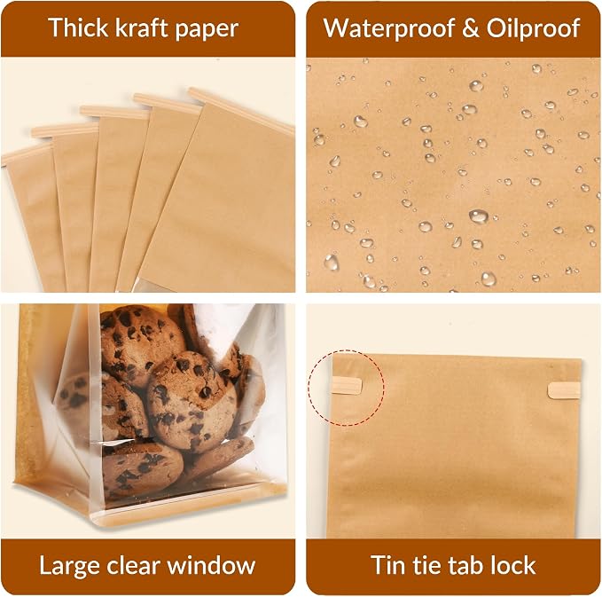 60 Pcs Bakery Bags with Window, 5.1x6.2x10.5 Inches Ties Lock Cookie Packaging Bag Resealable Paper Treat Bags for Homemade Breads, Popcorn, Candies,Treats, Snacks, Baked Goods Packaging
