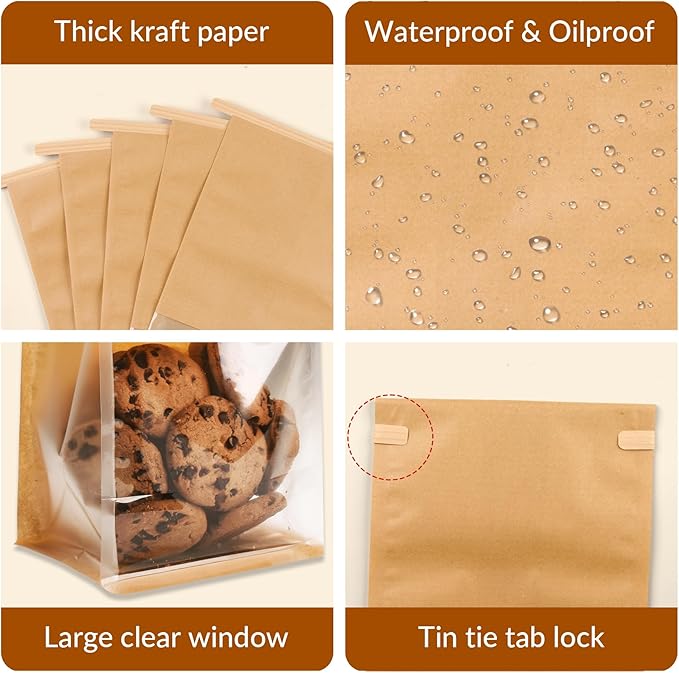 60 Pcs Small Bakery Bags with Window, 3.9x5.1x11.2 Inches Ties Lock Cookie Packaging Bag Resealable Paper Treat Bags for Homemade Breads, Popcorn, Candies,Treats, Snacks, Baked Goods Packaging
