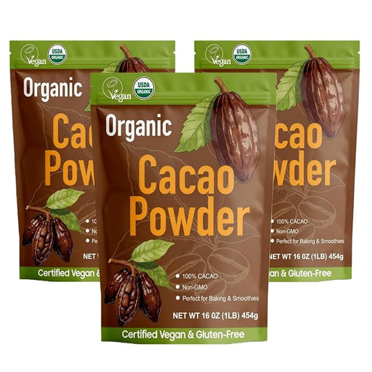 452g/3pack, (3 Lbs - 48 Oz), Organic Cacao Powder - Unsweetened Dark Cocoa for Keto & Paleo Baking, Rich Chocolate Flavor, Non-GMO, Vegan, Gluten-Free, Resealable Bag