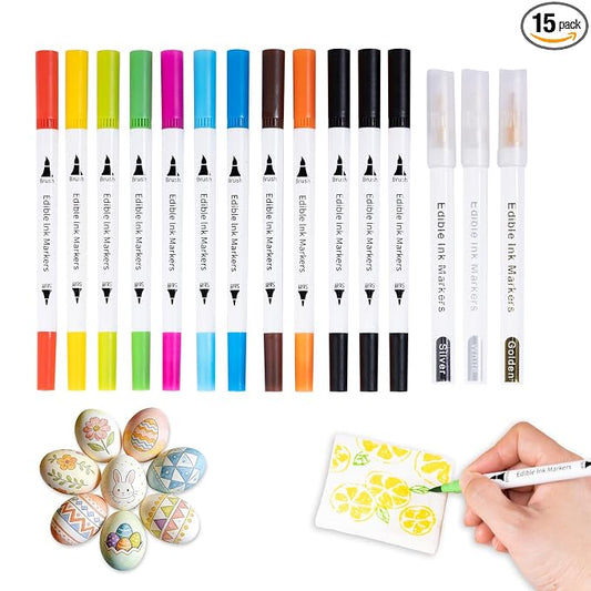 KORNNAC 15pcs Food Coloring Edible Markers for Cake Decorating With 13 rich colors white gold silver red green organic pink blue purple brown yellow black