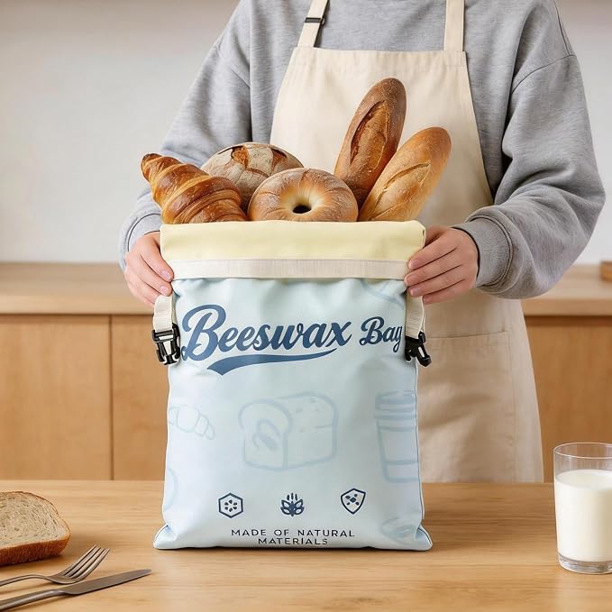 2 Pack Blue Beeswax Bread Bags for Sourdough, Reusable Organic Linen Beeswax Bread Bag 17 x 12.6 Inches, Food Storage Drawstring Cloth Bag, Freezer-Friendly Freshness Preservation for Homemade Baking