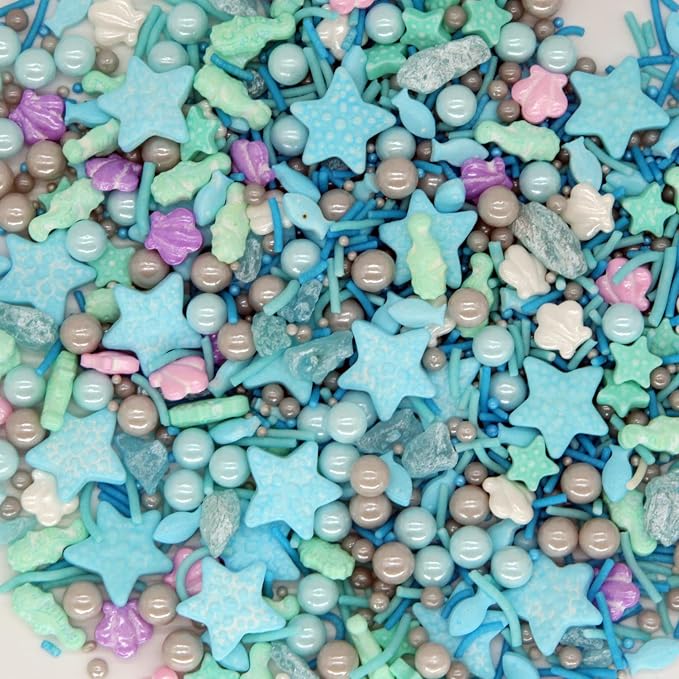 Sea World Sprinkles For Cake Decorating,Edible Mix Fish Sea Horse Starfish Shell Dragee For Kids Birthday Party, Blue Color Sugar Pearl For Topping Cake Cupcake Cookie Icecream, By HIFUNBK