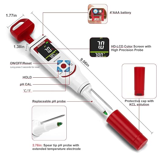 Food pH Meter with ATC, Spear Probe for Sourdough & Meat | Extended temperature electrode, color display, with calibration kit, for sourdough, kombucha, canning, sauce, cosmetic