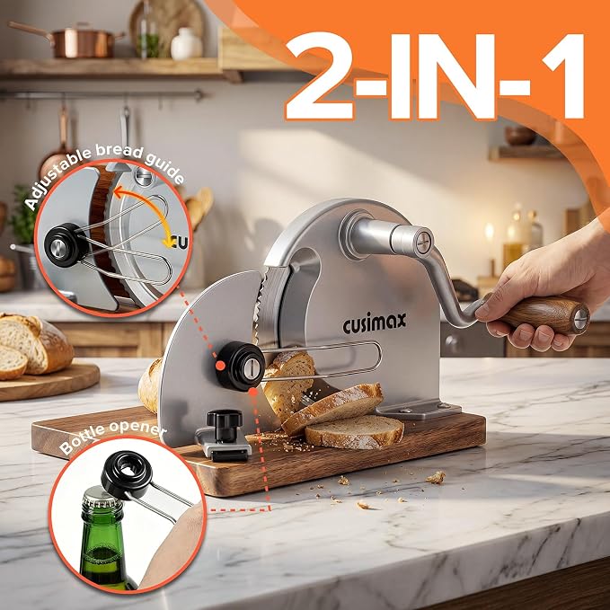 CUSIMAX Manual Bread Slicer for Homemade Sourdough Bread,Hand Crank Bread Slicer with Adjustable Thickness and Stainless Steel Blade,Upgrade Foldable Manual Bread Cutter