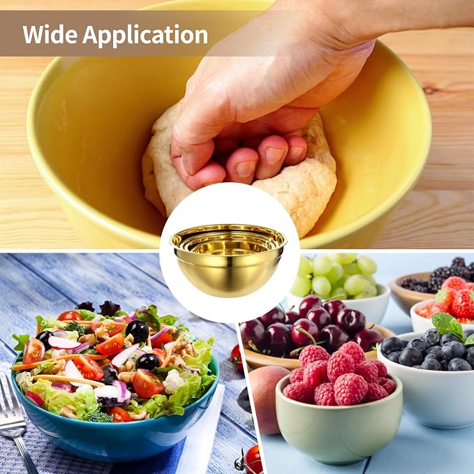 5 PCS Golden Mixing Bowls, Stainless Steel Salad Bowls with Airtight Lids, Mirror Finish Nested Mixing Bowl Set with Mesh Strainer, 4 Bowl Sizes for Baking, Meal Prep, Food Serving