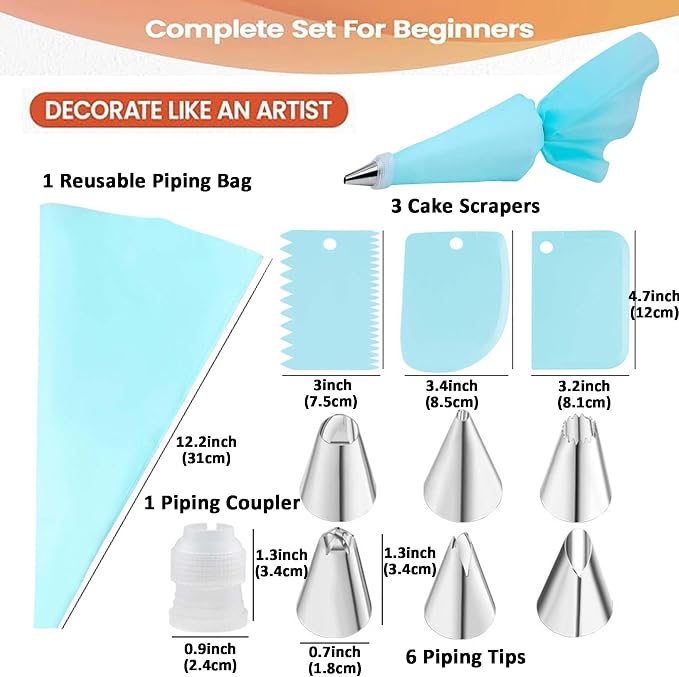 Springform Cake Pan Set with Cake Decorating Kit, Non-stick Leakproof Round Cake Pans of 4, 7, 9 Inches, 12 Pcs Parchment, 3 Cake Scrapers, Resuable Piping Bag, Coupler and Tips