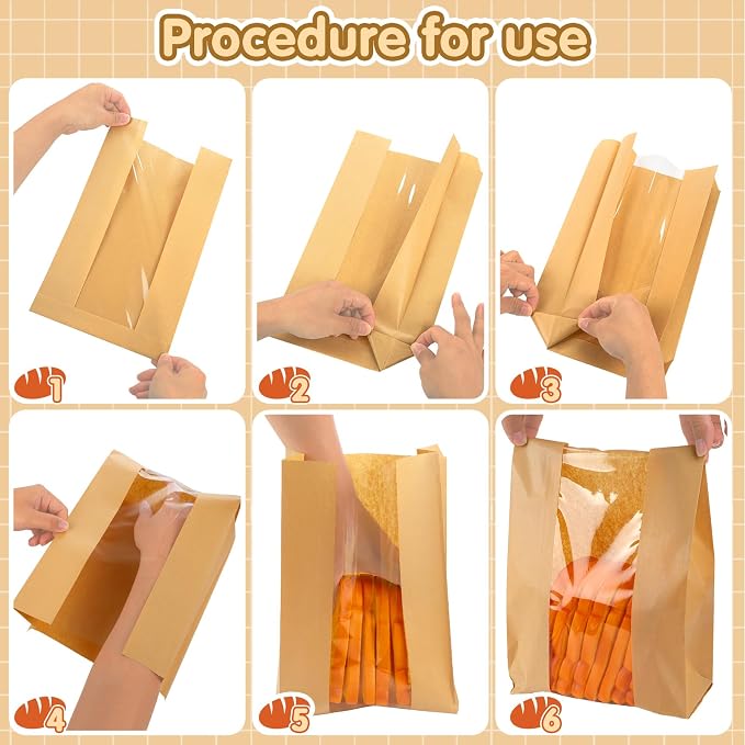 100PCS Paper Bread Bags for Homemade Breads 16×10×5 inch Sourdough Bread Bags with 100 Stickers Kraft Paper Breads Bag with Clear Window for Cookie Bakery Bag