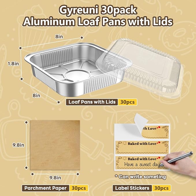 Gyreuni 30 Pack Disposable Aluminum Foil Loaf Pans with Lids Stickers and Parchment Paper Sheets-8" X 8" Disposable Square Baking Cake Pans-Aluminum Foil Tins Portable Food Containers Kit