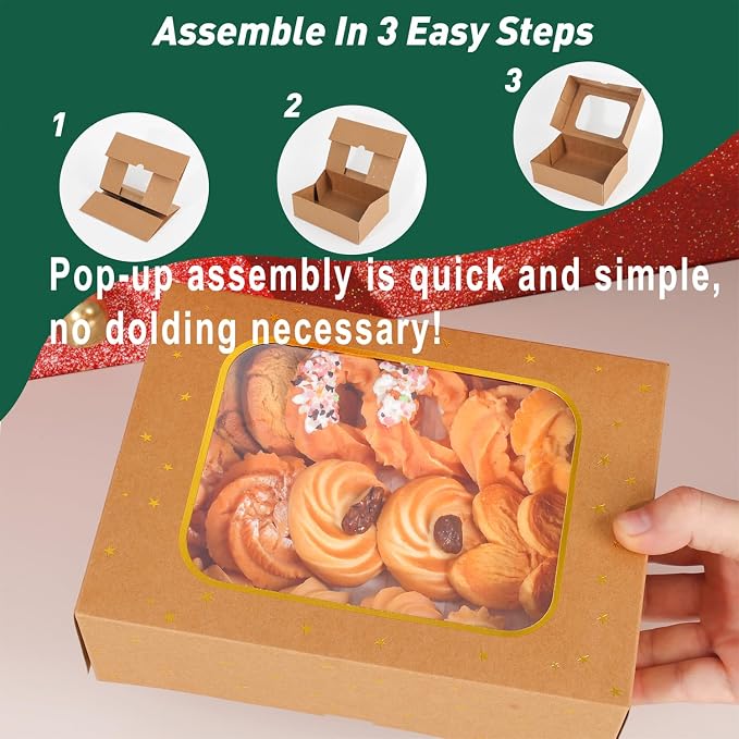 YEKTFS 12pcs Gold Star Cookie Boxes, Brown Bakery Boxes with Window 8.25x6x2.75in Gold Foil Star Treat Cake Boxes for Gift Giving Pastry Dessert Cupcakes Candy Donut Packaging (KRAFT PAPER, 12)