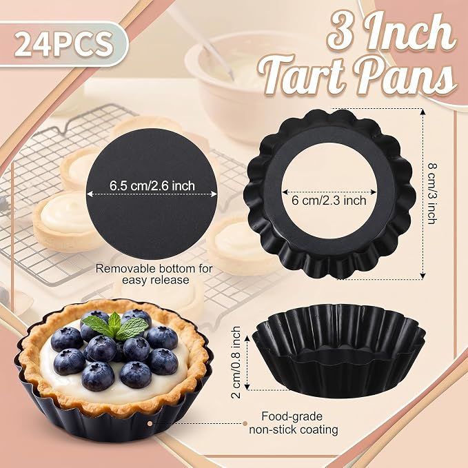 24 Pcs Mini Tart Pans, 3 Inch Tart Pan with Removable Bottom Nonstick Quiche Pie Pans Fluted Side for Muffins, Mousse Cakes, Desserts