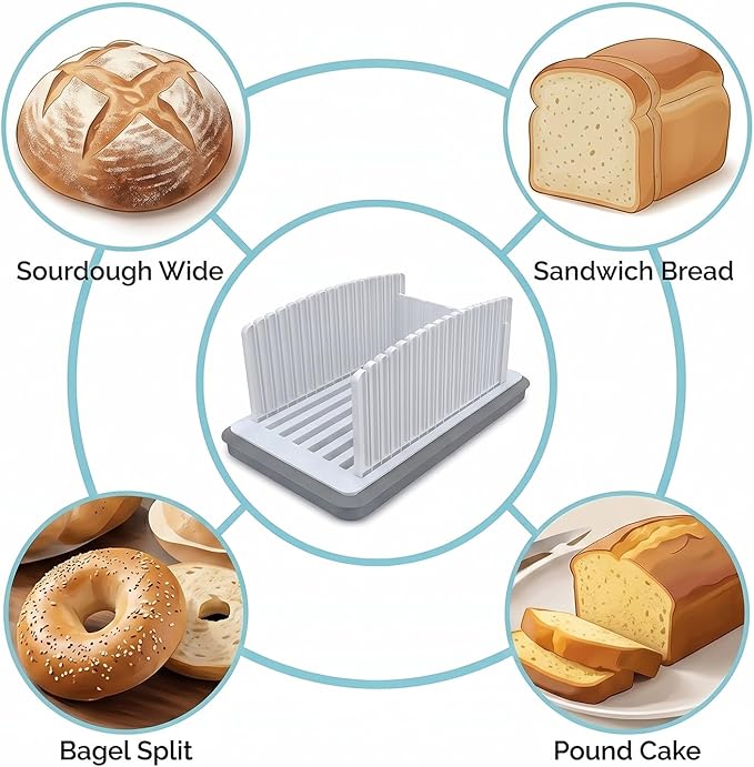 Bread Slicer for Homemade Bread, Adjustable Bread Slicing Guide with Crumb Tray, Foldable Compact Loaf Cutter for Even Slices, Ideal for Sourdough, Bagels, and Cakes, Space-Saving Design