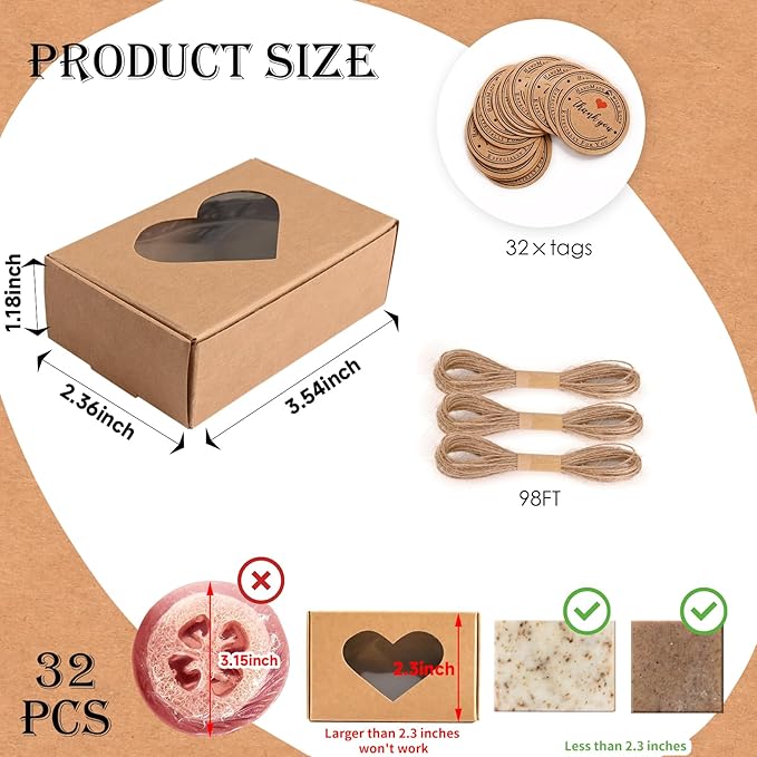 32 PCS Brown Soap Boxes for Homemade Soap, 3.54 X 2.36 X 1.18 Inch Soap Packaging Gift boxes with Window, Small Rectangular Soap Wrapping Boxes (Brown)