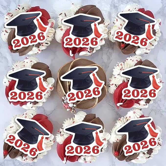 42pcs Edible Graduation Cap Cupcake Toppers Wafer Paper Red Class of 2026 Cake Decorations Edible Grad Cap Cupcake Picks for 2026 Graduation Theme Party Cake Decor Supplies