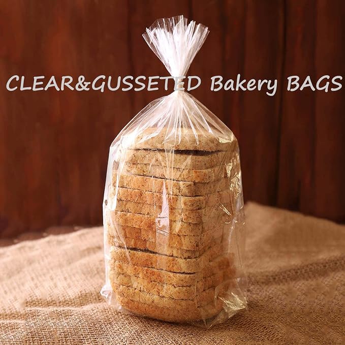 Large Bread Bags with Ties, 8 x 4 x 18", 70 Pack, Clear, Reusable, Bulk Bread Bags for Homemade Bread, Plastic Bakery Bags, Clear Bread Loaf Packing Bags (70 Pack)