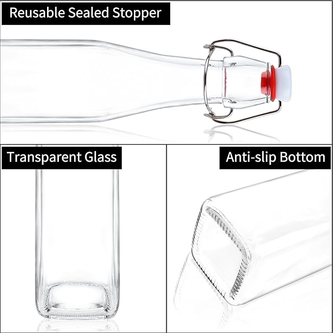 12 Pack 12oz Swing Top Glass Bottles, 375ML Square Bottles with Airtight Stoppers for Kombucha, Kefir, Vanilla Extract, Beer(Bonus Gaskets, Labels and Funnel)