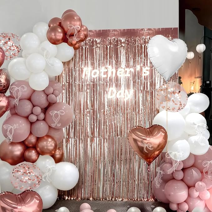 157PCS Rose Gold Dusty Pink and White Balloons with Rose Gold Fringe Curtain for Woman Girl Princess Birthday Bridal Shower Engagement Wedding Baby Shower Valentine’s Day Decorations