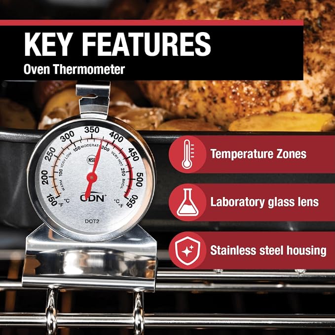 CDN Oven Thermometer ProAccurate®, Easy-to-Read 2" Dial, Stainless Steel Housing, Temperature Zones, Stand or Hang, Monitor Oven Temperatures, NSF Certified - DOT2