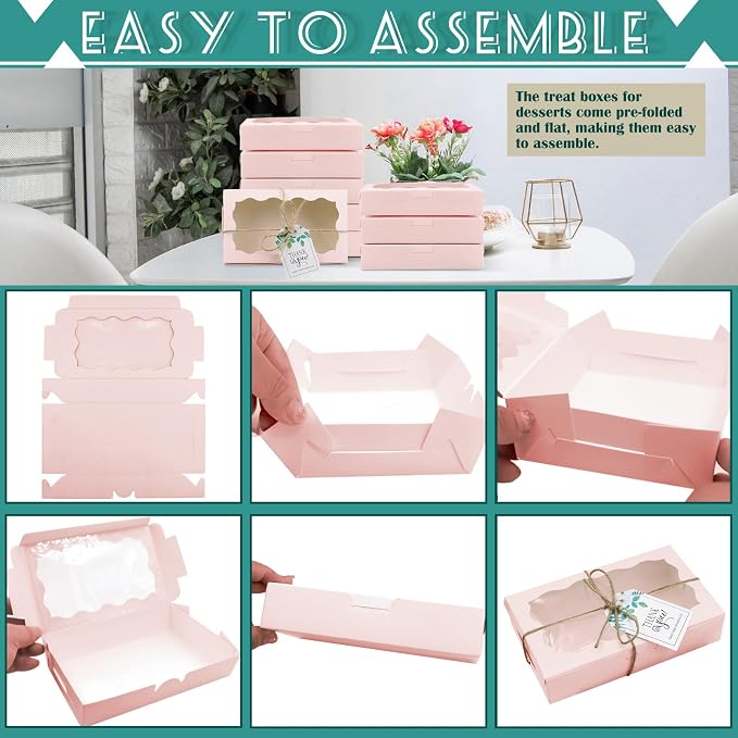 60Pcs 7 x 4 3/8 x 1½ Inch Cookie Boxes with Clear Window Small Pink Cookie Boxes Bakery Treat Boxes for Dessert, Donuts, Pie, Candy, Macaron