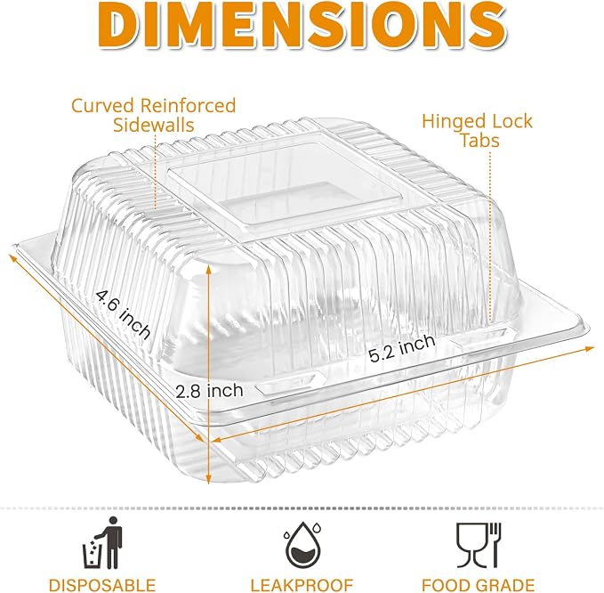 Zezzxu 100 Pack Clear Plastic Take Out Food Containers, Square Cake Slice Containers with Hinged Lids, Disposable To Go Boxes for Cookies, Desserts, Fruits, Salads, Sandwiches