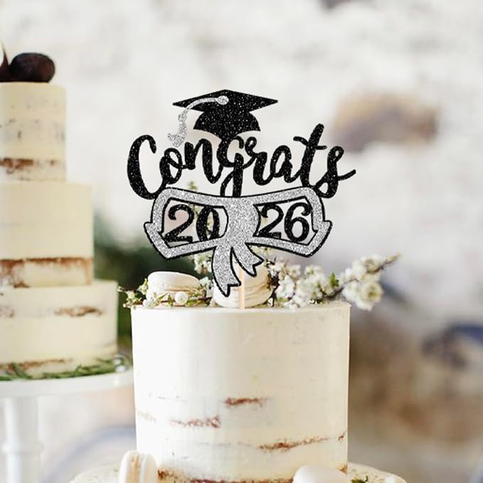 1 Pack Congrats 2026 Cake Topper Glitter Diploma Graduation Cap Cake Pick Contrats Class of 2026 Cake Decorations for 2026 Graduation Theme High School Boys Girls Graduate Party Silver