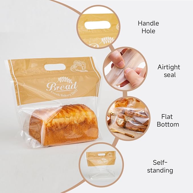 50 Pcs Plastic Bread Bags for Homemade Bread with Clear Window, Resealable & Freezer Safe Bakery Bags Storage for Sourdough, Toast, Bagels, Muffins, Pastries (12.6" x 10.6" Orange)