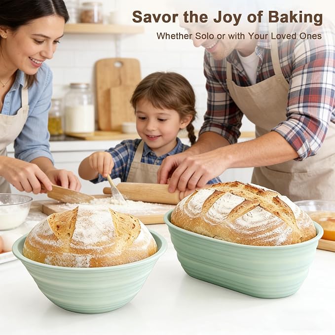 2Pcs Upgraded Silicone Banneton Bread Proofing Baskets, JOCXSPI 10" Oval & 9" Round Foldable Sourdough Bread Dough Proofing Bowl, BPA Free, Non-Stick, Oven & Dishwasher Safe