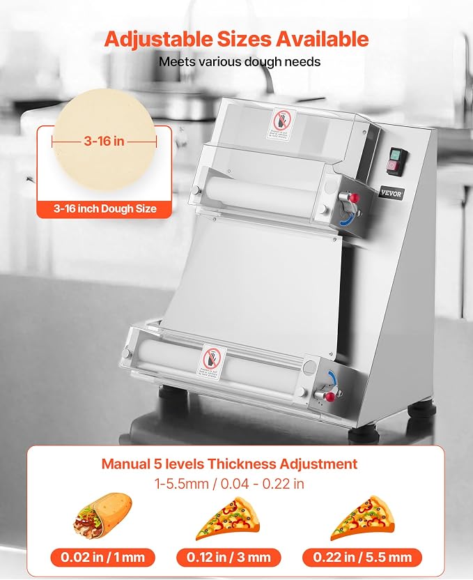 VEVOR Pizza Dough Roller Sheeter, 3-16 Inch Semi-automatic Stainless Steel Pizza Press, Commercial Electric 390W Pasta Maker Machine, 260 pcs Per Hour, Adjustable Thickness, with Dough Press Lid