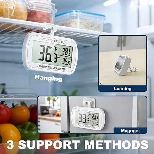 Waterproof Refrigerator Fridge Thermometer, Digital Freezer Room Thermometer, Max/Min Record Function Large LCD Screen and Magnetic Back for Kitchen, Home, Restaurants (1 Pack)