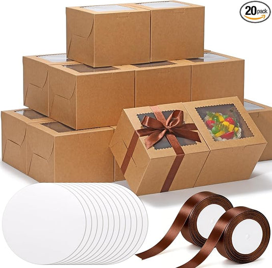 KPOSIYA 40pcs 6x6x5 inch Mini Cake Boxes with Cake Boards (20 Boxes & 20 Boards), 6 inch Brown Small Cake Boxes with Lids，Cajas de mini pastel Bakery Boxes with Window for Christmas Thanksgiving
