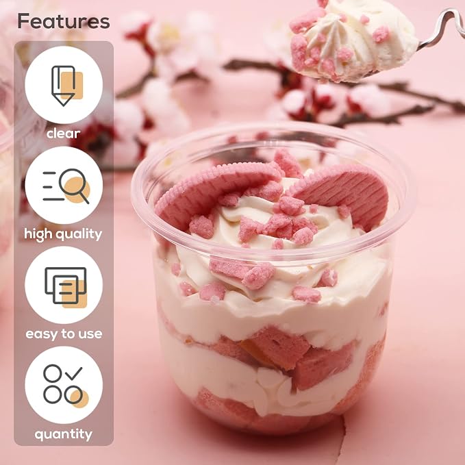 Jnnzzggu 50 Pack 12oz Clear Plastic Cups with Dome Lids and Sporks No Hole Disposable Fruit Cups for Dessert, Cupcake, Parfait, Pudding, Iced Cold Drinks, Snacks, Fruits, Bakeries, Ice Cream
