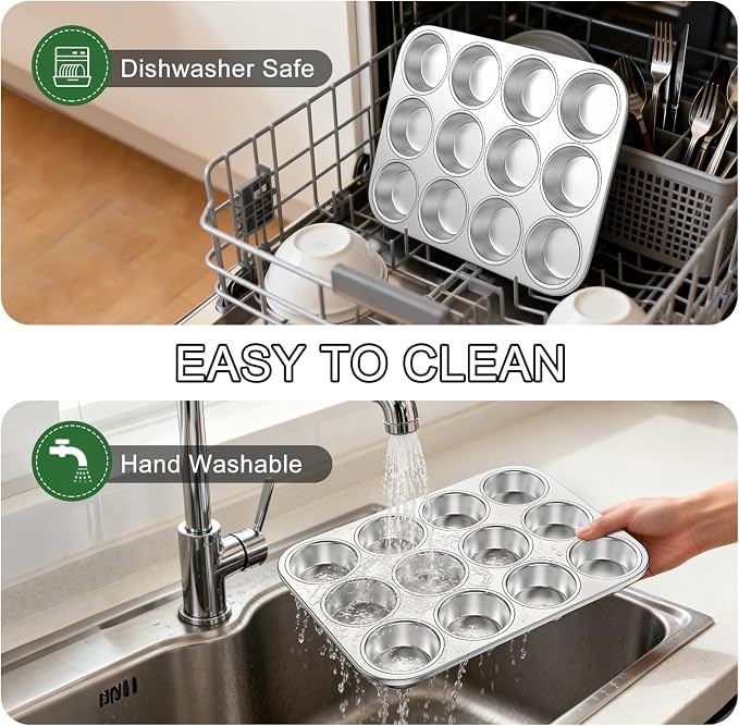 12-Cup Stainless Steel Muffin Pan, Cupcake Pan Metal Muffin Baking Tins for Oven & Dishwasher Safe, Cupcake Pans for Baking Non-toxic & Easy Clean Set of 2 ﻿