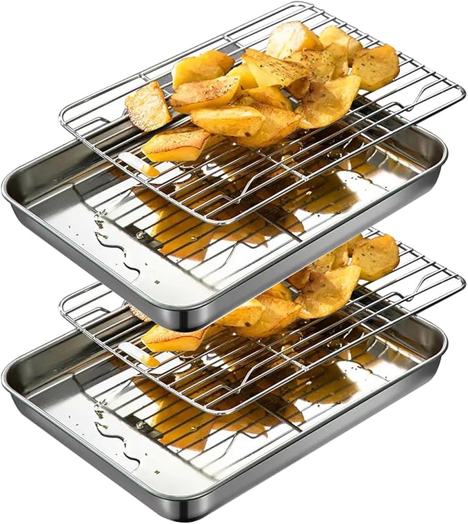 Extra Small Serving Trays with Cooling Wire Racks Set Stainless Steel 304 Tiny Baking Sheet Pans 9.3 x 6.9 Inch Dishwasher Safe for 1~2 Person 2 Pans & 2 Racks