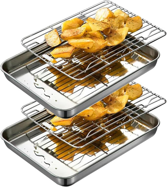 Extra Small Serving Trays with Cooling Wire Racks Set Stainless Steel 304 Tiny Baking Sheet Pans 9.3 x 6.9 Inch Dishwasher Safe for 1~2 Person 2 Pans & 2 Racks